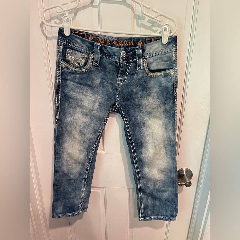 Rock Revival Women’s 25 Blue Skinny Jeans Distressed Acid-Wash Capris Y2K